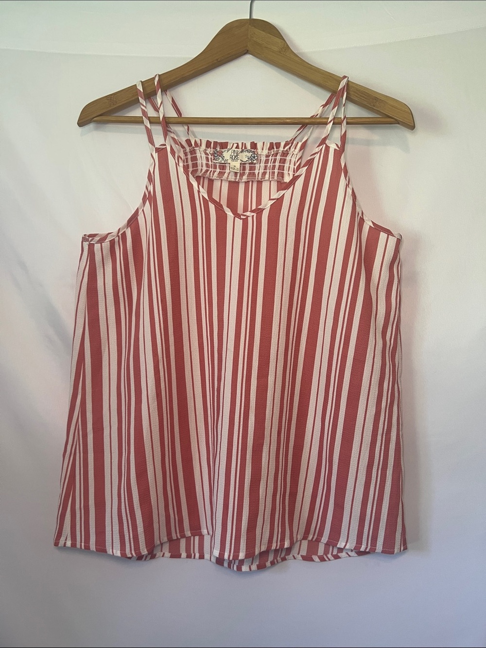Pink Rose Striped V-Neck Cami Tank Top Sz M Pink White Boho Beach Flowy Festival